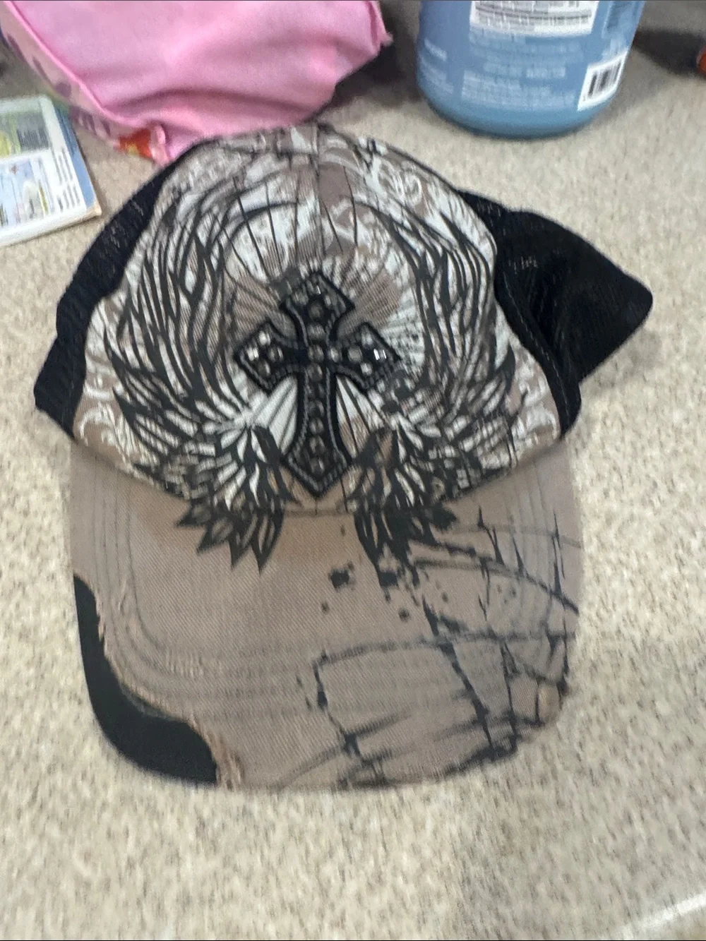 Y2K hat Brown and Black Decorative Cross Trucker Cap - Unbranded